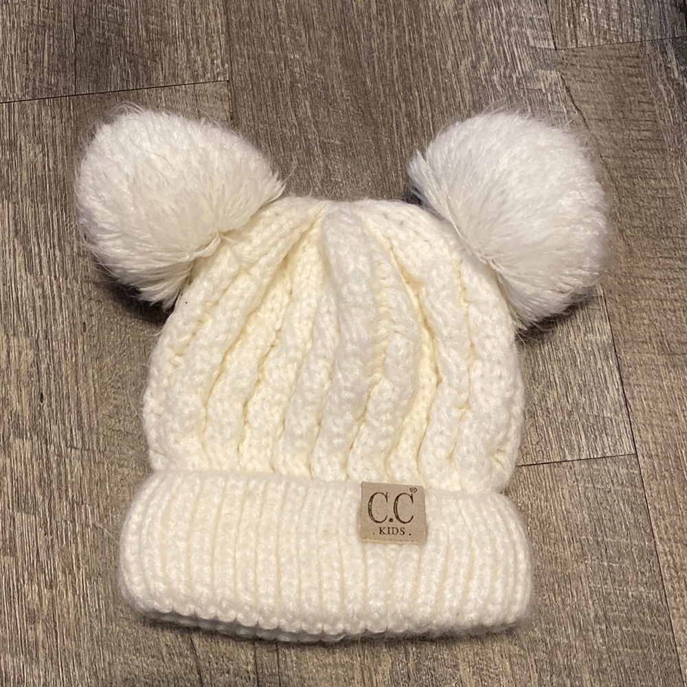 CC White Baby Double Pom Pom Puff Winter Hat